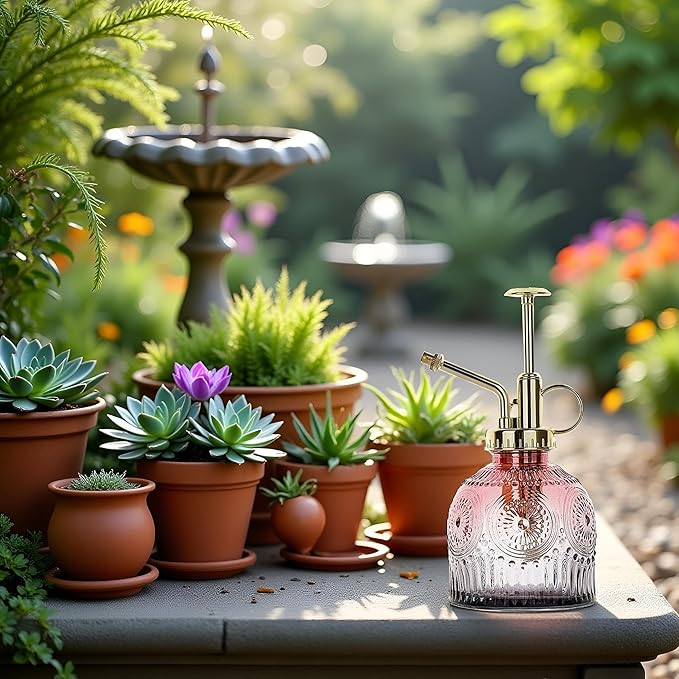 Glass Plant Mister Spray Bottle, 230ML Vintage Plant Spritzer, Succulent Watering Bottle Glass with Top Pump, Small Plants Sprayer Watering Can for Indoor Outdoor House(Red Gray)