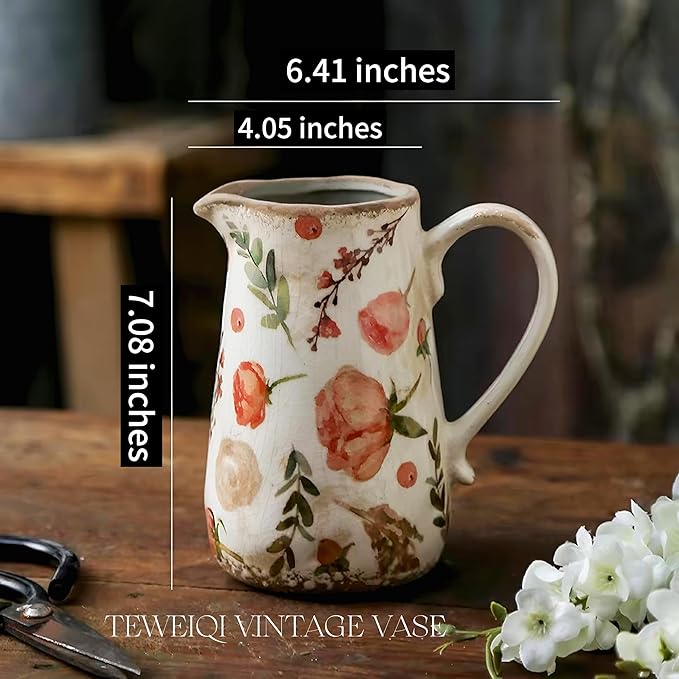 Vintage Fruit and Floral Ceramic Vase with Handle, Retro Ice Glazed Crack Farmhouse Pitcher Vase for Home Decor, Living Room, Shelf, Office, Rustic Table Centerpiece 7 Inch