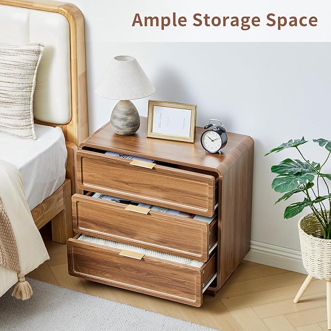 Turtle&Myrtle Modern 3 Drawer Dressers for Bedroom, 26'' Wide Wood Nightstand w/3 Storage Drawers, End Table, Dresser & Chest of Drawers with Curved Profile for Living Room Entryway, Brown