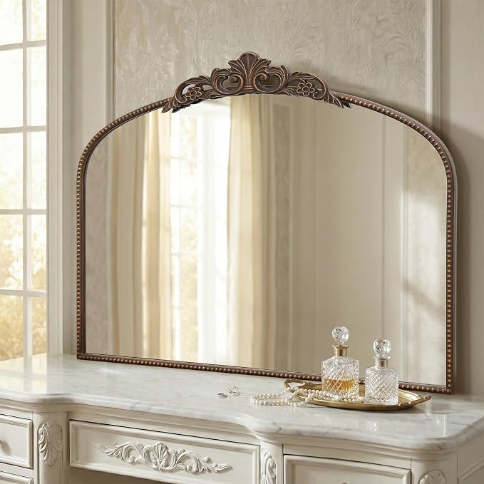 Micasso Large Bronze Vintage Mirror: 40"x29" French Baroque Antique Arched Mirror - Traditional Ornate Decorative for Wall/Fireplace/Mantel/Entryway/Bathroom/Hallway - Home Decor for Living Room
