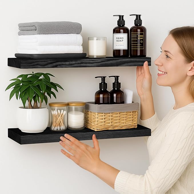 BGMG Wood Floating Shelves for Wall 24 inch,Black Floating Shelves,Solid Wood Wall Mount Shelves for Bathroom Living Room Bedroom Kitchen Farmhouse Set of 2-24x 6.7 x1.25 inch