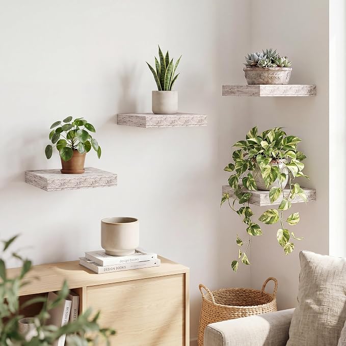 RICHFOCUS 8 Inch Floating Shelves for Wall Small Square Shelves Set for Plant|Bedroom|Kitchen|Bathroom Rustic Wood Wall Mounted Shelf with Invisible Brackets for Books|Storage|Decor, Rustic White