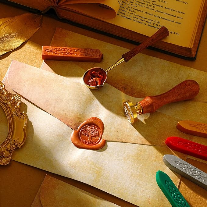 33 Pieces Vintage Paper and Envelopes Set, Including 12 Writing Stationery Paper Letter 12 Envelopes Sealing 6 Wax Sticks Seal Stamp Tea Candles and Wax Spoon for Stamp