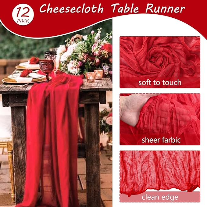 12 Pack Cheesecloth Table Runner 35x72 Inch Boho Gauze Table Runner Rustic Cheese Cloth Long Romantic Table Runners for Wedding Bridal Shower Birthday Party Table Decor (Red)