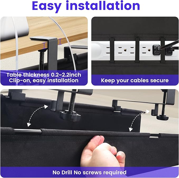 Under Desk Cable Management Tray, Clamp-On Cord Organizer，No Drilling Required, Holds Up to 22 lbs, for Cords, Routers, Power Strips (Black, 28.4inch)