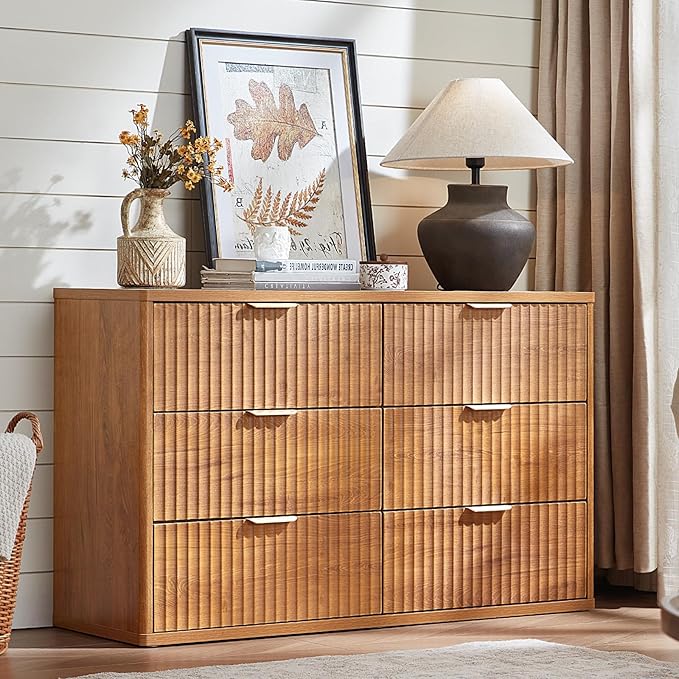 LEYAOYAO Fluted 6 Drawers Dresser Set of 2, 48" Wide Modern Chest of Drawers with Woodgrain Top, Curved Profile Design, Dresser TV Stand, Wood Drawer Organizer for Bedroom, Living Room, Hallway,Brown