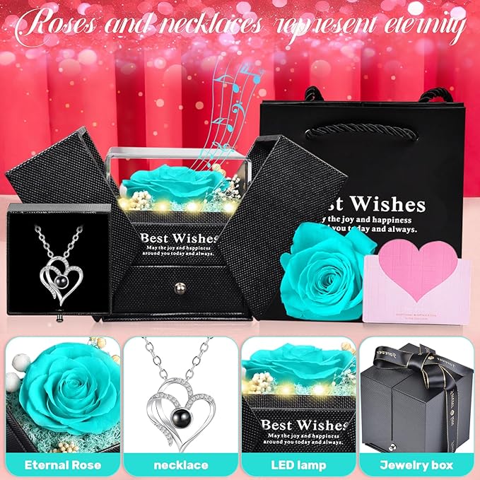 Christmas Birthday Gifts for Women - Preserved Real Rose with I Love You Heart 100-Language Necklace, LED Lights & Music Gift Box, Christmas for Women Girlfriend Mom