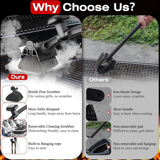 TMEDW Grill Brush for Outdoor BBQ - Replaceable Bristle Free Heading + Reinforced Scraper - Safe BBQ Accessories for Porcelain/Gas/Charcoal/Smoker/Cast Iron Grill - Cleaning Brush(Black)