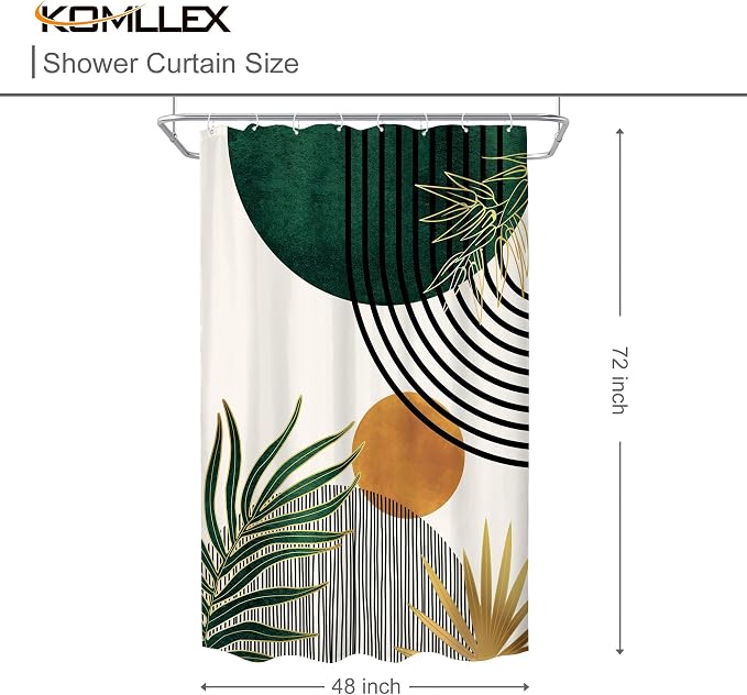 KOMLLEX Mid Century Green Boho Shower Curtain 48Wx72L Inches Abstract Modern Shower Curtains for Bathroom Decor Plant Botanical Minimalist Leaf Arch Sun Fabric Liner Waterproof Polyester 12 Pack Hooks