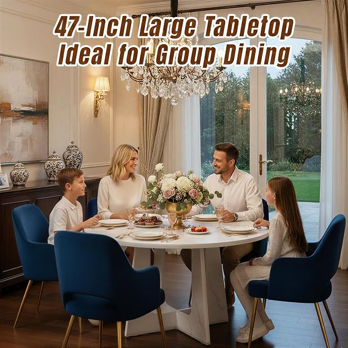 47" Round Dining Table for 4-6, Farmhouse Wood Kitchen Table, Mid-Century Wooden Circle Dinner Room Table Easy Assembly for Dining Room, Kitchen, Living Room (Faux Marble)