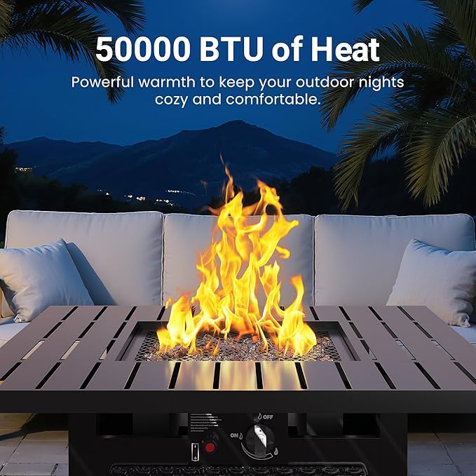 FansaFurn Black Propane Fire Pit Table, 50000 BTU Gas Fire Pits Table with Removable Lid and Lava Rock, Square Fire Table with Cover, 30'', Ideal for Dining or Party on Patio, Garden, Yard