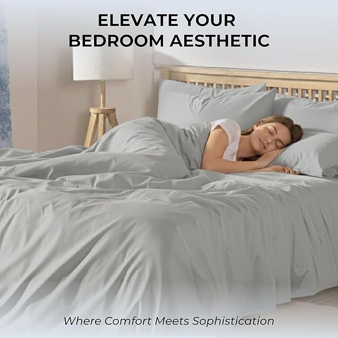 100% Natural Cotton Sheets Queen Size Bed Set | 500 TC Single-Ply Sateen Weave | Soft, Breathable, Hypoallergenic Solid 4-Piece Bedding with Deep Pocket Fitted, Flat, Pillowcase | Grey