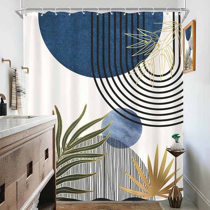 KOMLLEX Mid Century Blue Green Boho Shower Curtain for Bathroom Decor 72Wx84H Inches Extra Long Abstract Modern Plant Botanical Minimalist Arch Fabric Waterproof Polyester 12 Pack Hooks Pack Hooks
