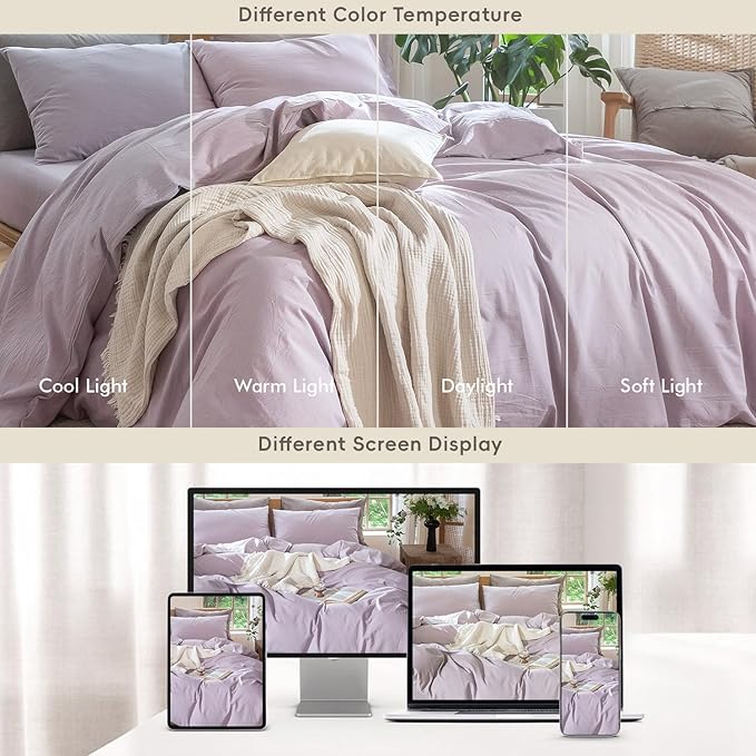 MooMee Bedding Duvet Cover Set 100% Washed Cotton Linen Like Textured Breathable Durable Soft Comfy (Heathered Light Purple, Queen 90"x90")