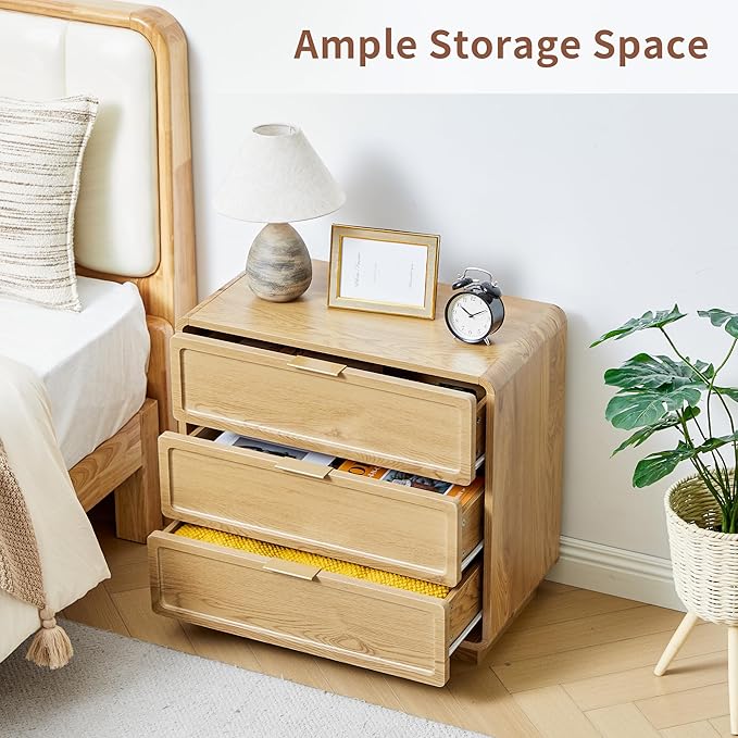Turtle&Myrtle Modern 3 Drawer Dressers for Bedroom, 26'' Wide Wood Nightstand w/3 Storage Drawers, End Table, Dresser & Chest of Drawers with Curved Profile for Living Room Entryway, Natural