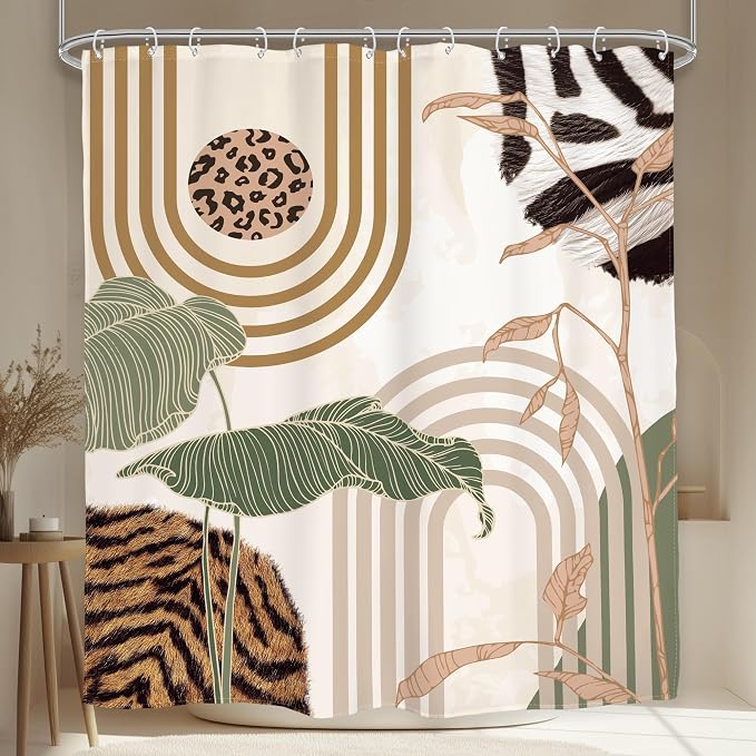 Glawry Green Abstract Shower Curtain Boho Tropical Leaves Palm Leaf Mid Century Minimalist Modern Bathroom Leopard Print Fur 60Wx72L Inches Bath Accessories Art Home Decor Fabric 12 Pack Hook