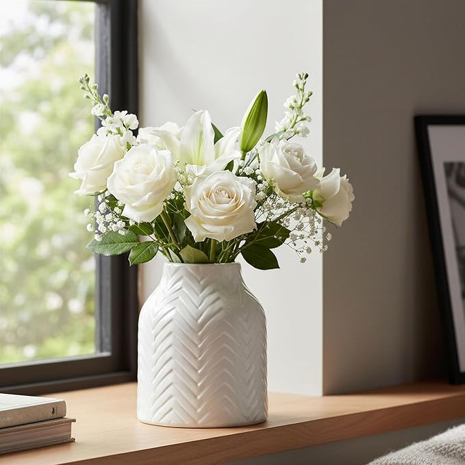 hjn White Vase for Flowers Ceramic Vase for Decor, Modern Decorative Vase, Vases for Your Kitchen/Office/Living Room/Bookshelf/Mantel - White Texture(Small)