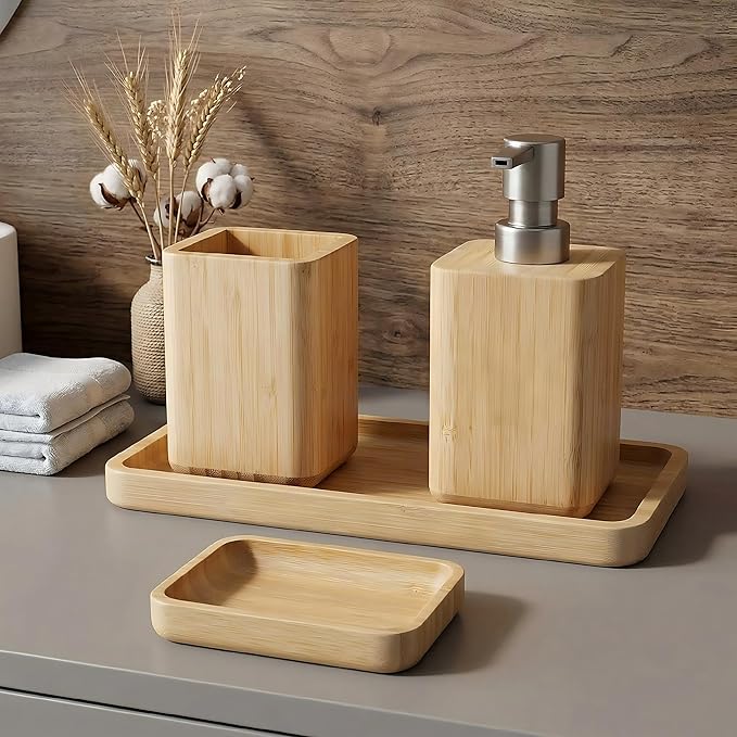 Natural Bamboo Bathroom Accessory Set with Soap Dispenser, Toothbrush Holder, and Soap Dish and Tray, Handmade, Waterproof Design
