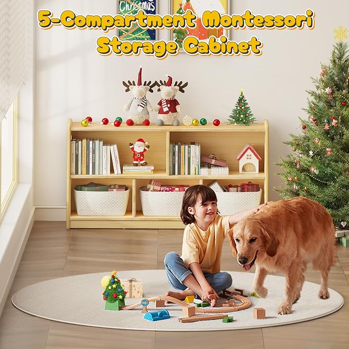 ONBRILL 2-Tier Wood Montessori Cabinet for Kids, Toddler Room Book Shelves Toy Organizers and Storage, Small Book Shelf Storage for Baby Children, Furniture of Classroom, Nursery, Playroom