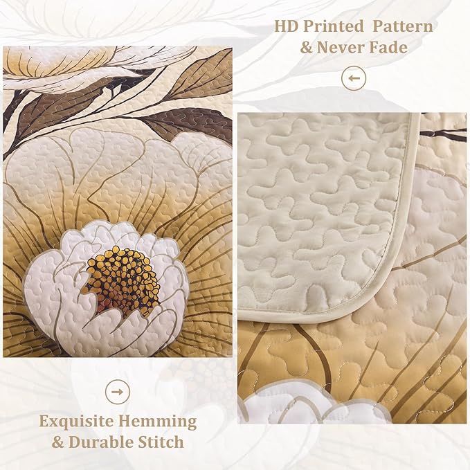 Dintszyayue Khaki Quilt Set King, 3 Pieces Beige Floral Bedspreads Lightweight Coverlet Set for All Seasons, Reversible Quilted Printed Bedding Set with 2 Pillow Shams