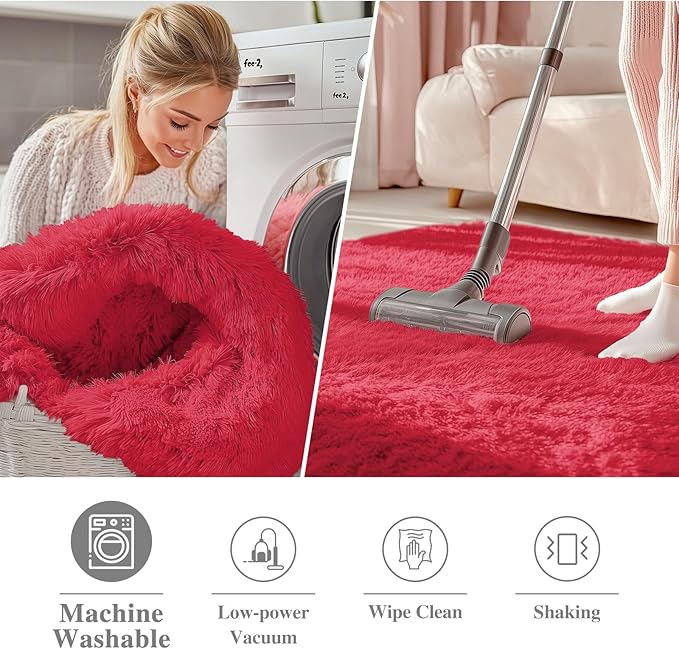 OLANLY Red Round Rugs for Bedroom - Machine Washable, 8 ft Circle Area Rugs for Living Room, Soft and Fluffy Shaggy Carpet for Teen Girls and Boys, Nursery Rooms, Dorms, Home Decor Aesthetic