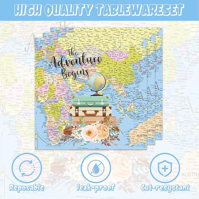 48Pcs Travel Themed Adventure Begin Bon Voyage Party Decorations Plates Napkins Forks for Boys Girls Serve 20 Guests