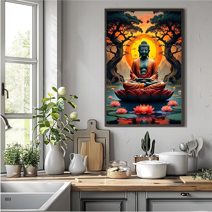 Canvas wall art Golden Buddha on lotus at sunset Ancient trees with reflections on water Serene meditation scene Uplifting wall art for mindfulness and tranquil home decor 24x36in Metal blackFramed