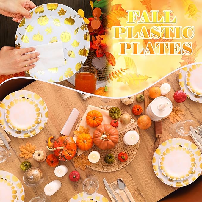 Suclain 60 Pcs Thanksgiving Party Disposable Plastic Plates Gold Fall Bridal Baby Shower Party Decoration Serves as 30 10.25'' Dinner Plates 7.5'' Dessert Plate for Thanksgiving Wedding Engagement