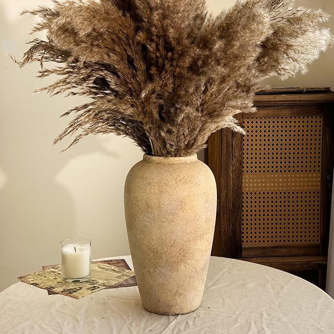 12 Inch Farmhouse Decor Ceramic Rustic Vase,Beige Handmade Flower Vases for Centerpieces,Pottery Vase for Living Room,Kitchen & Bedroom Decor,Vintage Ceramic Vases for Wedding