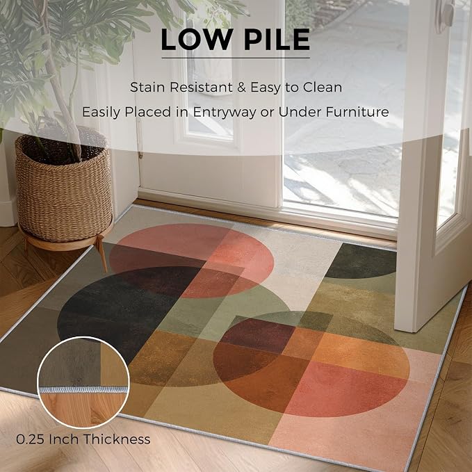 Mid Century Modern Rugs for Home Decor, 4x5 ft, Abstract Geometric Area Rugs for Living Room, Soft Non Slip Washable Retro Geo Circles MCM Carpet Bedroom Decorations D-1g