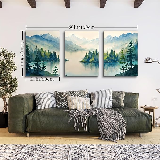 SERIMINO Nature Landscape Wall Art for Living Room, Green Forest Mountain Canvas Prints Paintings Room Decor, Lake Tree Cottagecore Modern Farmhouse Wall Decor Set of 3, 20"X28"