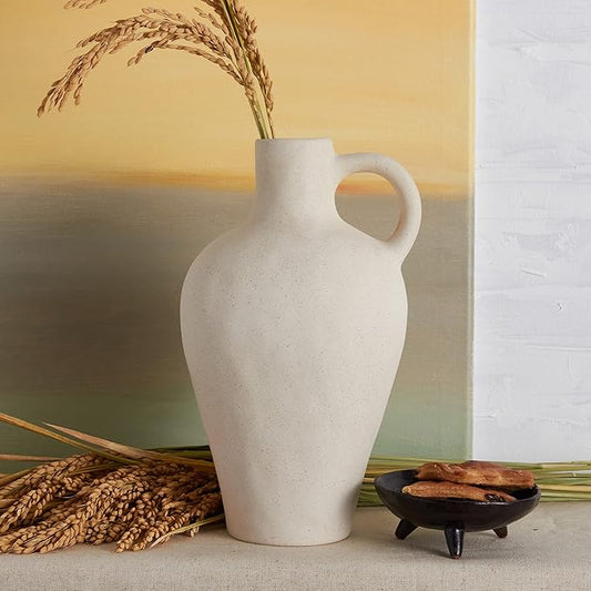 BlossoME Antique Ceramic White Vase for Home Decor, Stoneware Jug for Room Centerpiece, Rustic, Farmhouse and Vintage Pottery Gifts, Matte, with Handle-Height 10”