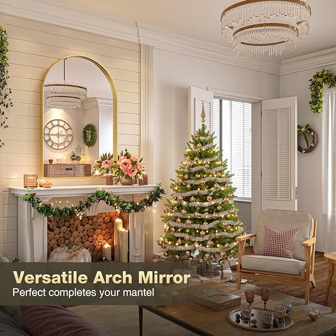 Brightify Gold Arched Mirror, 24 x 32 Inch Arch Wall Mirror, Brass Metal Frame Bathroom Mirror, Arched Top Bathroom Vanity Mirror for Living Room Bedroom Mantel Entryway Hallways