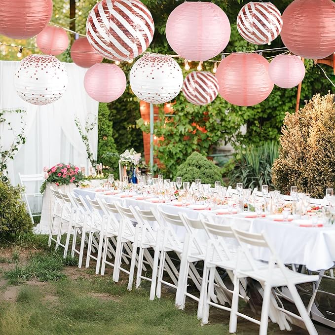 Paper Lanterns Decorative, Rose Gold Round Hanging Paper Lantern Decorations for Birthday Party Bridal Shower Wedding Baby Shower Engagement Valentine's Day Party Supplies