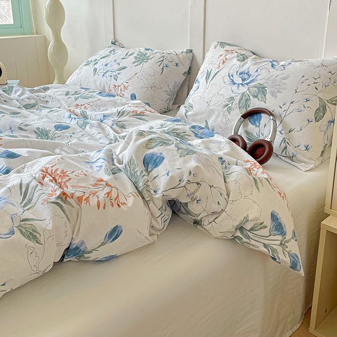 EAVD Cotton Duvet Cover King Size Floral Print Duvet Cover Soft Chic Shabby Garden Colorful Floral Bedding Set with 2 Pillowcases Fresh Spring Botanical Comforter Cover with Zipper Closure