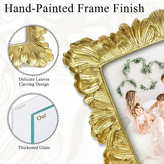 4x6 Vintage Picture Frame Gold, Ornate Leaves Photo Frame with Glass Front, Elegant Picture Frame for Wall or Tabletop Display, Gift ldeas for Home Decor