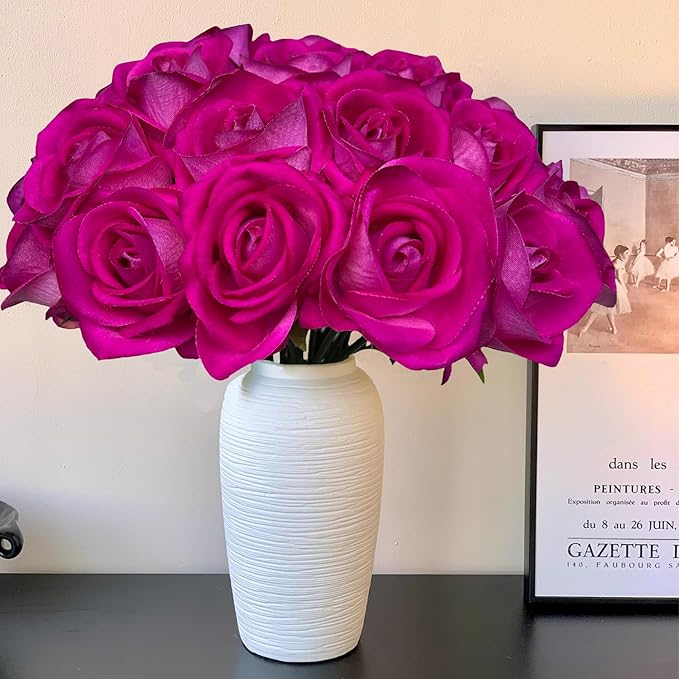 FagusHome 30 Pcs Silk Rose Artificial Flowers Roses Bulk Bouquet Fake Flowers Rose Heads with Stems for Home Wedding Decor (Purple)