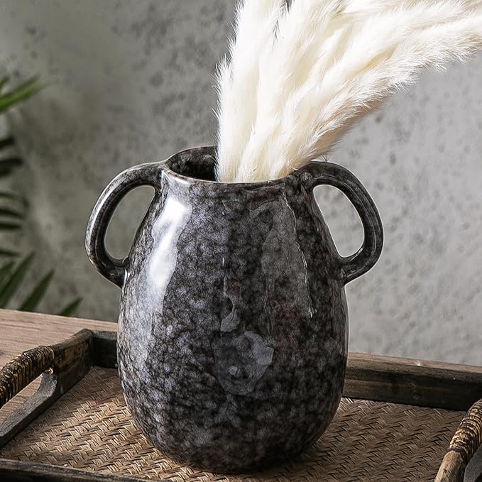 Ceramic Modern Farmhouse Vase with 2 Handles, Black Ceramic Vases for Home Decor, Rustic Pottery Vase, Decorative Terracotta Flower Vase, Boho Clay Vase for Table Living Room Shelf Mantel Decor