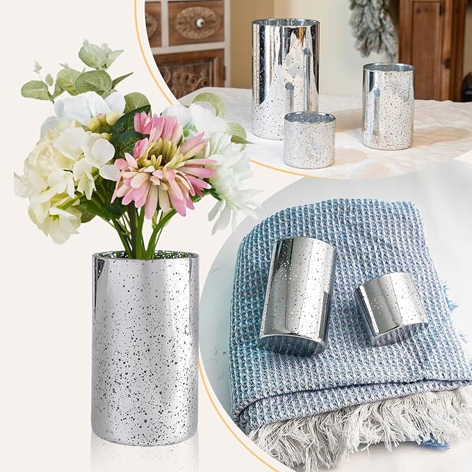 CHILL RECIPE Silver Cylinder Vases Glass Candle Holders Bulk, Mercury Hurricane Candle Holder Small Flower Vases for Centerpieces Tea Light Pillar Votive Candles Wedding Decor Party (4 Set 12Pcs)