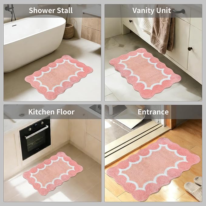 Scalloped Coral Pink Bathroom Rugs Mat,Non Slip Absorbent Quick Dry Bath Mats for Shower Room,Plush Microfiber Bath Rug for Bathroom Floor Washable Carpet for Shower Tub Sink Bedroom,16"x24"