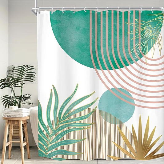 KOMLLEX Mid Century Green Pink Boho Shower Curtain 60Wx72L Inches Abstract Modern Shower Curtains for Bathroom Decor Plant Botanical Minimalist Arch Sun Fabric Liner Waterproof Polyester 12 Pack Hooks