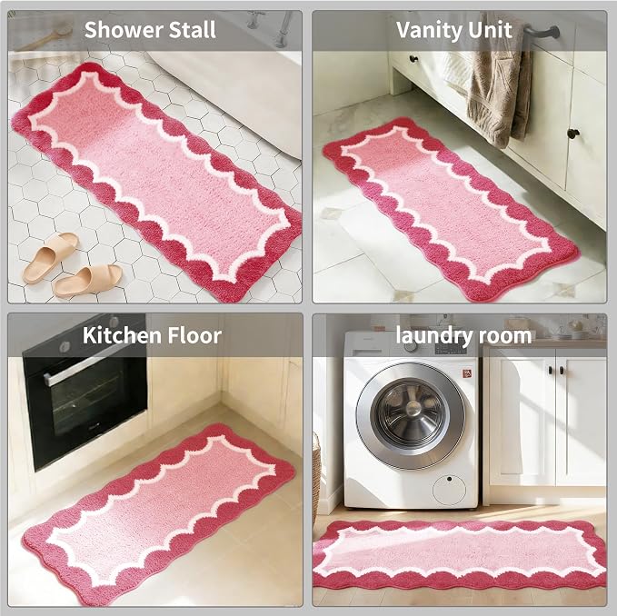 Cute Scalloped Rose Pink Bathroom Rugs Mat,Non Slip Absorbent Quick Dry Bath Mats for Shower Room,Microfiber Bath Mats for Bathroom Floor Washable Carpet for Shower Tub Sink Bedroom,17"x47"