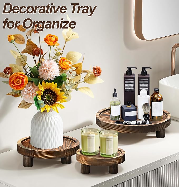 3 PCS Wooden Flower Plant Stand Indoor For Home Living Room Decor, Wood Plant Display Tray For Outdoor Planter Gardening Essentials, Wooden Food or Drinks Holders Tray Indoor. (Rustic Brown)