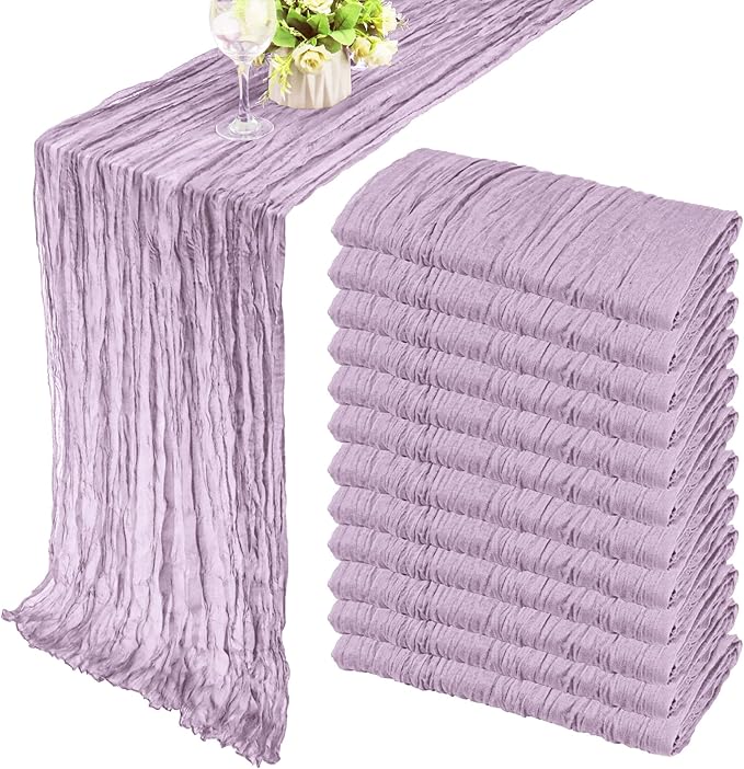 12 Pack 10Ft Cheesecloth Table Runner 35x120 Inch Boho Gauze Table Runner Cheese Cloth Long Table Runner Romantic Table Runner for Wedding Bridal Shower Birthday Party Table Decor (Light Purple)