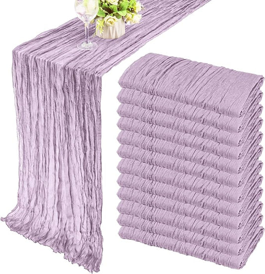 12 Pack 10Ft Cheesecloth Table Runner 35x120 Inch Boho Gauze Table Runner Cheese Cloth Long Table Runner Romantic Table Runner for Wedding Bridal Shower Birthday Party Table Decor (Light Purple)