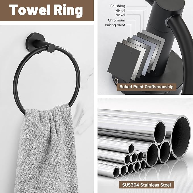 6 Pieces Matte Black Towel Bar Bathroom Hardware Set, 23.6Inch Matte Black Bathroom Accessories Towel Holder Set, SUS304 Stainless Steel Towel Racks for Bathroom