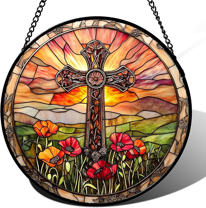 Christian Gifts for Women - Cross Stained Glass Window Hanging Jesus Easter Poppy Sunset Landscape Sun Catcher Garden Religion Decor Mother's Day Catholic Gift for Men Grandma Mom Her 7.8"