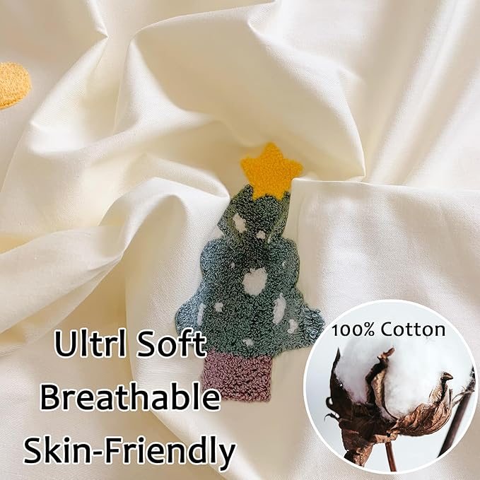 MorroMorn Cotton Duvet Cover Queen Size, Green 3D Embroidery Queen Bedding Sets, Chenille Embroidered Comforter Covers Lightweight Blanket Soft for Girls Boys Kids Teen (Christmas Tree, Full/Queen)
