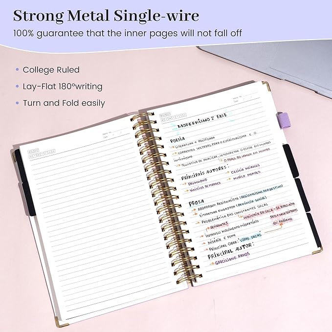 FLYING EAGLE Leather Spiral Notebooks for Work 5 Subject Notebook College Ruled with Dividers Pen, 360 Pages B5 Hardcover Lined Journals for Women Men Writing,Purple