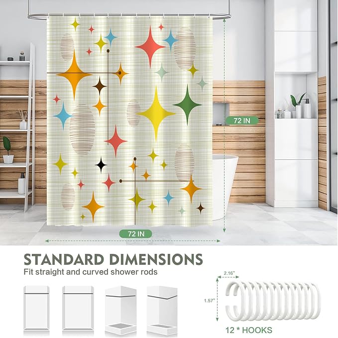 Mid Century Shower Curtain for Bathroom, Retro Stars Abstract Decorative Art Style Restroom Restroom Bath Curtain, Polyester Fabric Waterproof Bath Curtains 72x72 Inch with 12 Hooks